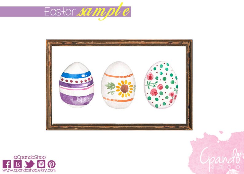 May include: Three watercolor Easter eggs in a brown frame. The eggs are decorated with different patterns: purple and blue stripes with white dots, yellow and orange sunflowers with green leaves, and red and pink flowers with green leaves and green dots.