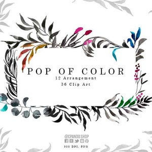 Pop of color, Watercolor leaves Clipart, wreath Clip art, leaf Clipart, wedding diy clip art- Leafy black Wreaths, hand painted, wreaths