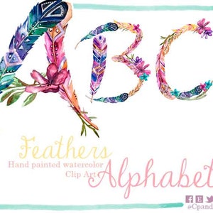 Watercolor alphabet clipart with flowers, digital letters, floral alphabet, feather watercolor letters clipart, download