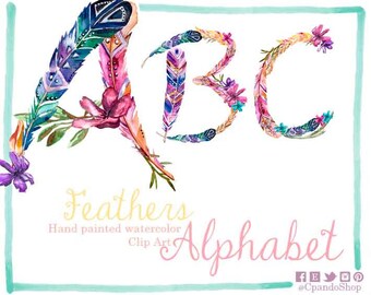 Watercolor alphabet clipart with flowers, digital letters, floral alphabet, feather watercolor letters clipart, download