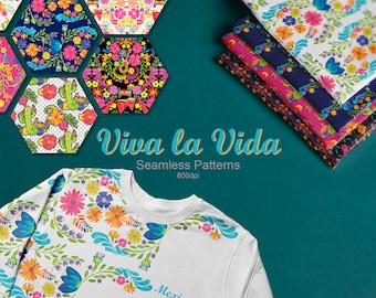 Viva la vida Seamless Patterns, Mexican flowers, Fiesta Digital Mexican pattern, Mexican florals Graphics Cinco de Mayo acrylic background