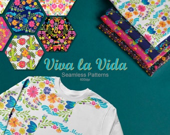 Viva la vida Seamless Patterns, Mexican flowers, Fiesta Digital Mexican pattern, Mexican florals Graphics Cinco de Mayo acrylic background