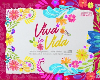 VIva la vida, Mexican Watercolor Floral clipart, PNG, mexican party, flowers, folk clip art, hand painted, cinco de mayo, colorful, acrylic