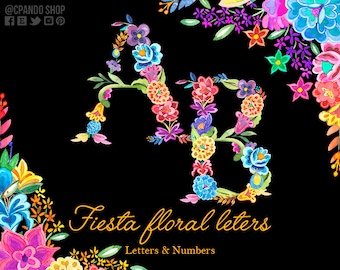 Fiesta floral letters, mexican letters, mexican alphabet, mexican wedding clip art, mexican flowers clipart for  mexican fiesta invitation