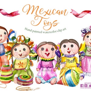 Oaxaca-Puppen, Stoffpuppen, mexikanische Puppen, mexikanisches Spielzeug, Puppen, Aquarell-Clip-Art, Mexiko-Clip-Art, Hochzeitsillustrationen