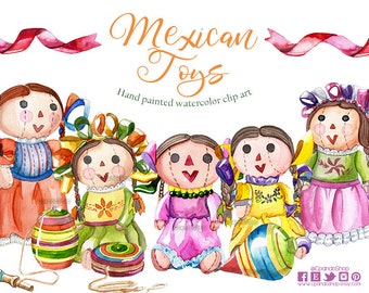 Cinco de Mayo Cliparts, Watercolor Clipart, Mexico Clip Art, Mexican Illustration, mexican toys Clipart watercolor , mexican dolls