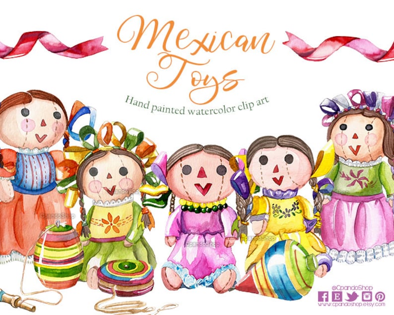 May include: Five watercolor illustrations of traditional Mexican toys. The toys are colorful rag dolls with embroidered clothing and traditional Mexican toys like a spinning top and a yo-yo. The text "Mexican Toys" and "Hand painted watercolor clip art" is included in the image.