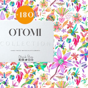 180+ Otomi Watercolor Clipart - Bouquets - Patterns - Mexican Folk Art, Fiesta, Wedding, Floral Design, Instant Download, High Quality PNG,