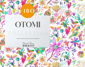 180+ Otomi Watercolor Clipart - Bouquets - Patterns - Mexican Folk Art, Fiesta, Wedding, Floral Design, Instant Download, High Quality PNG,