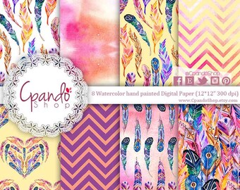 Tribal Digital Paper: " Tribal Patterns" include feathers, chevron, watercolor and aztec pattern, tribal designs, patterned papers tribal