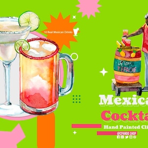 Mexican cocktails and Tepache seller man, margarita, paloma, mexico sunrise, mezcal, horchata and telquila mula on watercolor