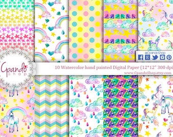 Watercolor unicorns digital paper, magic digital paper, farytale paper, princess, birthday girl digital paper rainbow digital paper