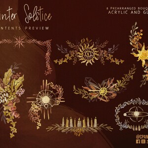 May include: Eight pre-arranged bouquets in acrylic and glitter for the Winter Solstice. The bouquets feature a variety of winter-themed elements, including stars, crystals, candles, and wreaths. The text "Winter Solstice" and "Contents Preview" are at the top of the image.