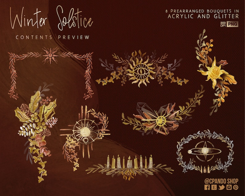 May include: Eight pre-arranged bouquets in acrylic and glitter for the Winter Solstice. The bouquets feature a variety of winter-themed elements, including stars, crystals, candles, and wreaths. The text "Winter Solstice" and "Contents Preview" are at the top of the image.
