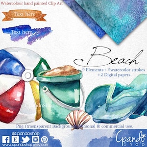 May include: Watercolor clip art featuring beach-themed elements. Includes a beach ball, bucket with sand, seashell, and flip-flops. The design also has watercolor strokes and digital papers. The word "Beach" is written in cursive.