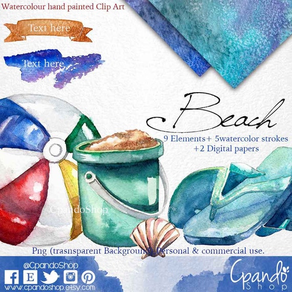 Kit de diseño Playa, playa clip art, playa digital paper, pincelada de acuarela, verano clip acuarela clip art, vacaciones, acuarela playa