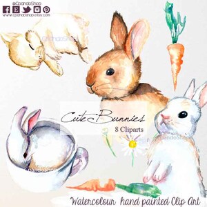 May include: Watercolor clip art set of eight cute bunnies. The bunnies are in various poses, including sleeping, sitting, and standing. The set also includes a carrot and a daisy.