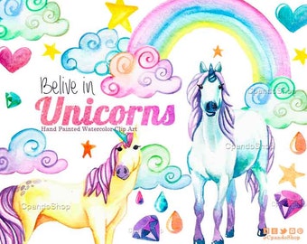 Unicorn watercolor clip art, unicorns clilpart, magic clip art, unicorns graphics, rainbow digital clip art fantasy clip art watercolor