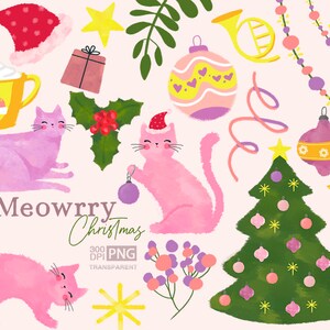Katzenweihnachten, Weihnachten mit Kätzchen, Illustrationen, glückliches Kätzchen, Pastellfarben. 300dpi