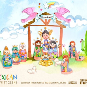 Mexican Birth Illustrations, Clipart of Natividad, Illustrations Mexico Christmas, Maria, José, Nio Jess Fiesta Mexicana