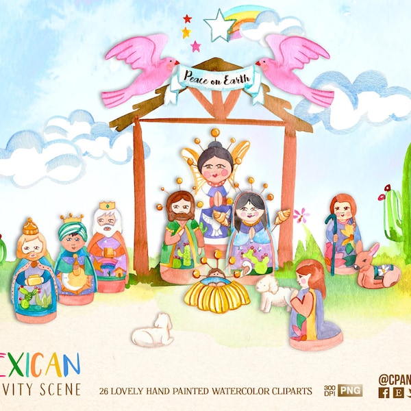 Mexican Nativity Scene watercolor hand painted mexican holiday, mexican fiesta clipart, mexican christmas nativity scene for greeting cards