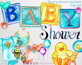 BABY SHOWER 25 watercolor Clip Art elements. Plush toys, nursery, clothes, baby duck, diy baby shower invitations bees watercolor baby