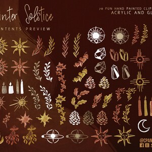May include: 70 hand-painted digital clipart illustrations in gold, white and red. The illustrations feature winter solstice themes, including candles, stars, moons, crystals and hands with eyes. The text "Winter Solstice" and "Contents Preview" are at the top of the image. The text "@CPANDO SHOP" is at the bottom of the image.
