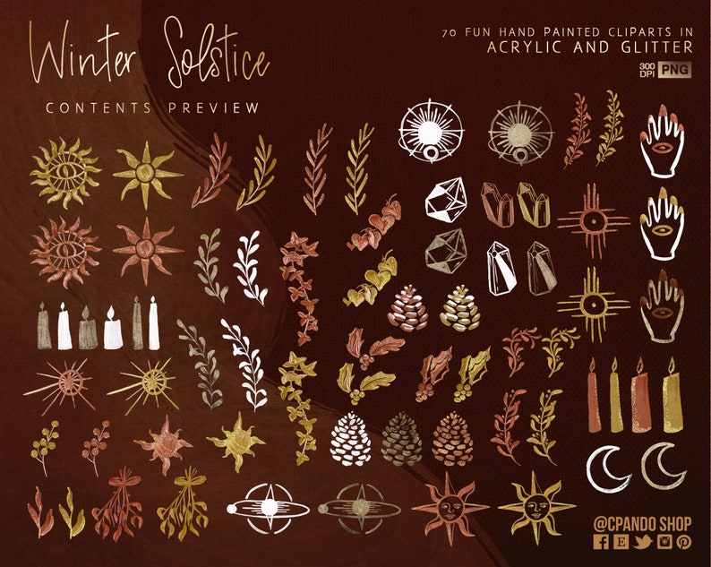 May include: 70 hand-painted digital clipart illustrations in gold, white and red. The illustrations feature winter solstice themes, including candles, stars, moons, crystals and hands with eyes. The text "Winter Solstice" and "Contents Preview" are at the top of the image. The text "@CPANDO SHOP" is at the bottom of the image.