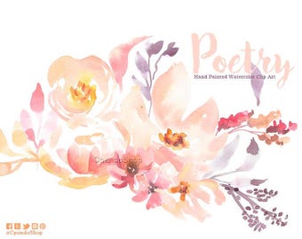 Poetry Watercolor clipart, Floral PNG, wedding bouquet, arrangement, bouquet, frames, digital paper, blue flowers, bridal shower,blog banner