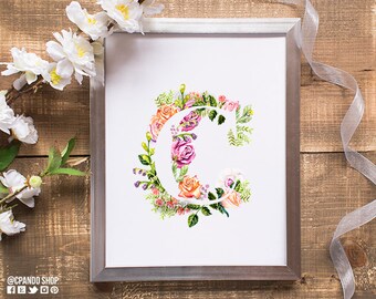 Letter C Nursery Art / Printable Monogram Wreath / Floral Alphabet Printable Art / Nursery Monogram Wall Print / Nursery Wall Printable