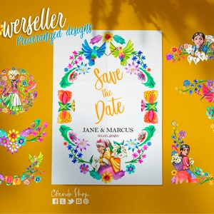 May include: A save the date card with a floral design featuring hummingbirds and the text "Save the Date" with the names "Jane & Marcus" and the date "05.05.2020".