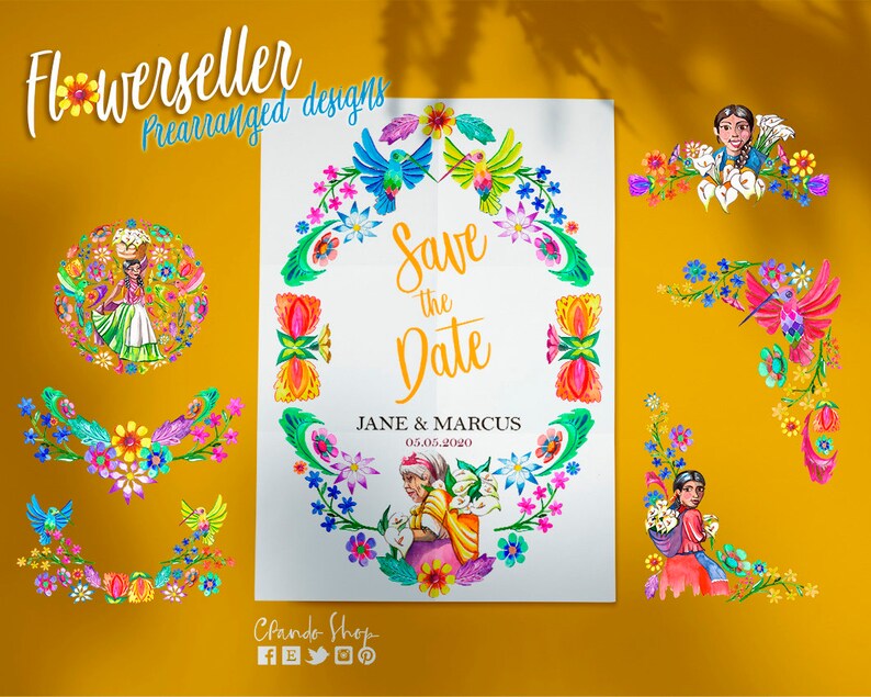 May include: A save the date card with a floral design featuring hummingbirds and the text "Save the Date" with the names "Jane & Marcus" and the date "05.05.2020".