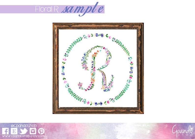 May include: A watercolour painting of the letter R surrounded by a wreath of flowers. The letter is made up of flowers in shades of pink, purple, blue, and yellow. The wreath is made up of green leaves and small flowers.