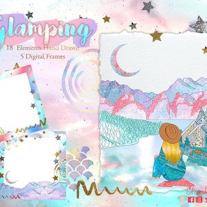 May include: A digital illustration of a woman sitting by a lake in front of a mountain range. The illustration is in a pastel colour palette with a crescent moon and stars. The text "Glamping" is at the top of the image. The text "18 Elements Hand Drawn 5 Digital Frames" is below the word "Glamping".