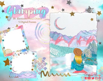 Glamping, camping Clipart - Watercolor Clipart Borders - Watercolor Borders Rainbow Clipart - Digital Clipart Frame - Pastel Clip Art Frames
