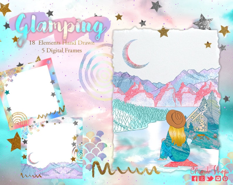 May include: A digital illustration of a woman sitting by a lake in front of a mountain range. The illustration is in a pastel colour palette with a crescent moon and stars. The text "Glamping" is at the top of the image. The text "18 Elements Hand Drawn 5 Digital Frames" is below the word "Glamping".