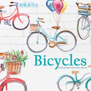May include: Watercolor illustration of four bicycles with baskets and balloons. The bicycles are painted in shades of red, blue, and green. The text "Bicycles" is written in teal blue with the words "Hand painted watercolor clip art" below.