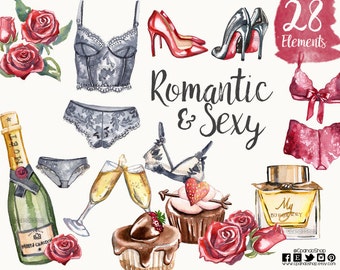 Valentine's Day Valentine Clipart - Digital Valentine's Day watercolor Clipart - Lingerie clip art bachelorette  Instant Download