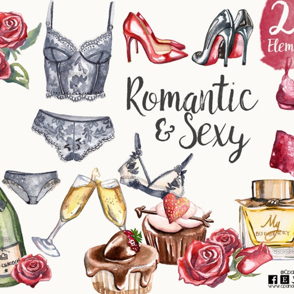 Valentine's Day Valentine Clipart - Digital Valentine's Day watercolor Clipart - Lingerie clip art bachelorette  Instant Download