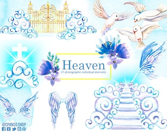 Heaven and Angel's Wings, watercolor clipart, heaven, clouds, doves, wings and sun, after life religious clipart for instant download