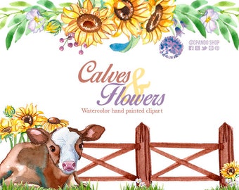 Calves and flowers, hand painted watercolor clip art, perfect for country wedding, shabby chic baby shower. Individual elements, bouquets.