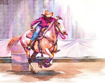 Original Barrel Racer Watercolor in Pink Tones - Rodeo Art on Paper, Hand-Painted Equestrian Decor for Western Lovers