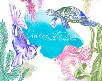 Watercolor Sea ClipArt Summer Nautical Elements Set Intant Download Digital jellyfish Turtles Coral Blue Mint Peach  beach clipart sea png