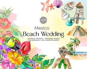 Mexico Beach Wedding, +200 individual elements, seamlesspatterns, floral frames, etc. Tulum, Isla mujeres, xcaret, holbox and more