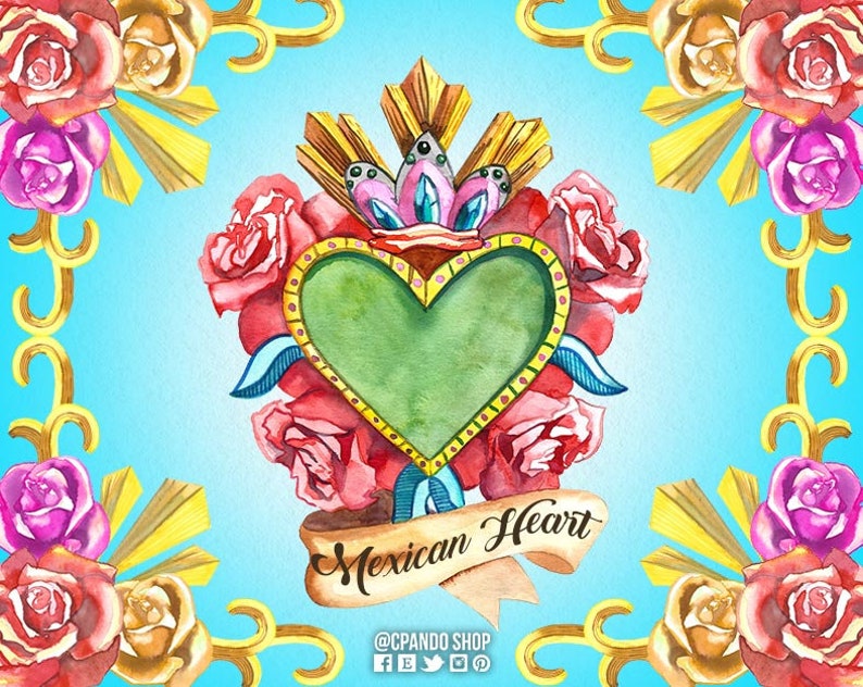Puede incluir: Un coraz&oacute;n verde con un borde amarillo y una corona de espinas est&aacute; rodeado de rosas rojas. El coraz&oacute;n est&aacute; sobre un fondo azul con un marco dorado y el texto "Mexican Heart" en una cinta. El texto "@CPANDO SHOP" est&aacute; debajo de la cinta.