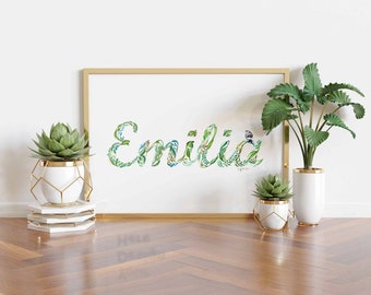 EMILIA Personalized Name Print | Custom Name Art E | Unique New Baby Gift E | Floral Nursery Decor | Watercolor Baby Wall Art