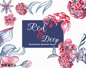 Watercolor flower clip art, tattoo clip art flower, red flowers, blue flowers, vintage clip art, watercolor clip art, bouquet clip art.