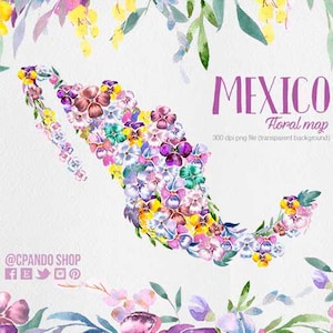 Mexiko Landkarte Clipart, Mexiko-Karte für Hochzeit, Stadtplan Aquarell Blumen, Mexiko in Flores, Mexiko Land Silhouette.