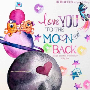 Espacio acuarela clipart, espacio clip art, regalo novio, regalo novia, tarjeta de amor clip art luna prediseñada imagenes espacio acuarela