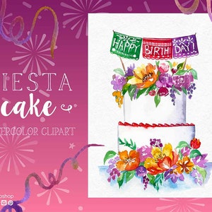 Fiesta Cake, mexican clipart watercolor hand painted clipart, mexican flower cake, fiesta clipart, mexican floral fiesta clipart, birthday